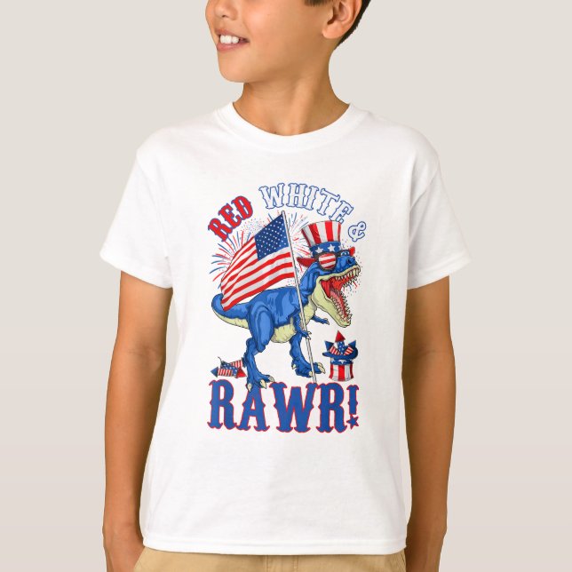 Funny Red White & Rawr T Rex USA Flag 4. Juli T-Shirt (Vorderseite)