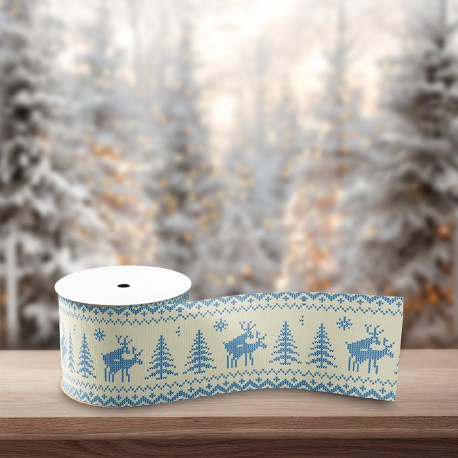 Funny Reindeer Christmas Tree Snow Blue Pattern Ripsband (Von Creator hochgeladen)