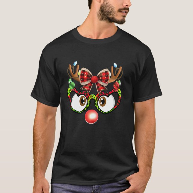 Funny Reindeer Face Coquette Bow Leopard Glasses X T-Shirt (Vorderseite)