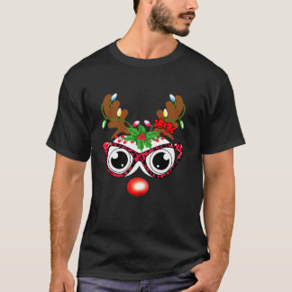 Funny Reindeer Face Leopard Glasses Family Christm T-Shirt