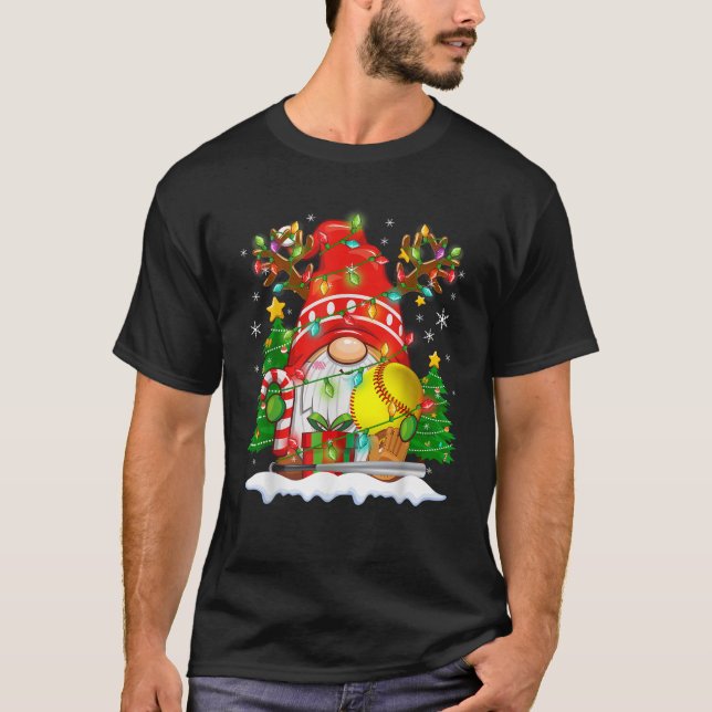 Funny Reindeer Gnome Softball Ball Christmas Light T-Shirt (Vorderseite)