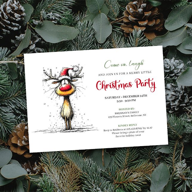 Funny Reindeer Hand Drawn Holiday Party Card Einladung (Funny Reindeer Hand Drawn Holiday Party Card)