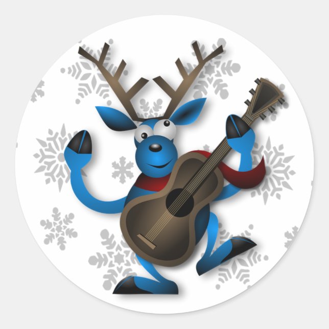 Funny Reindeer Playing Gitarre Weihnachtssticker Runder Aufkleber (Vorderseite)
