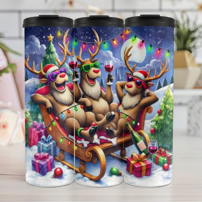 Funny Reindeer Relaxen mit Wein Thermosbecher (Von Creator hochgeladen)