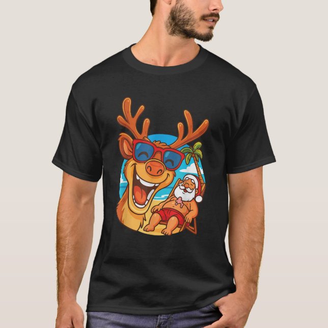 Funny Reindeer Selfie Santa Beach Christmas Animal T-Shirt (Vorderseite)
