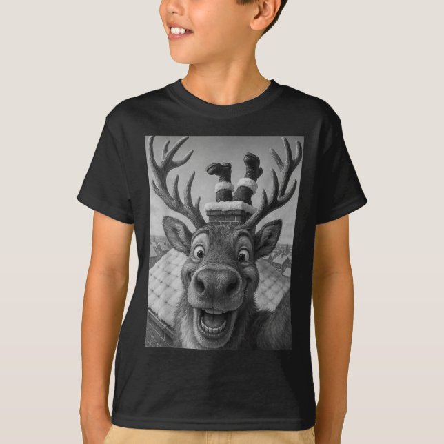 Funny Reindeer Selfie Santa Boys Girls Christmas  T-Shirt (Vorderseite)