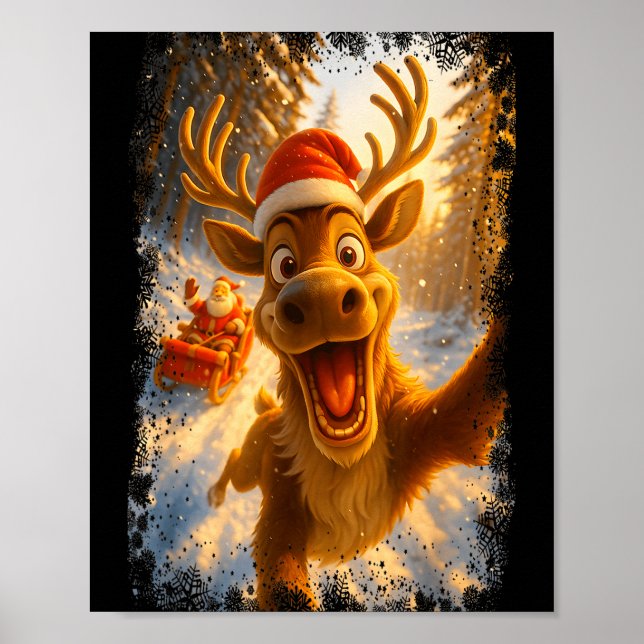 Funny Reindeer Selfie Santa Merry Christmas Men Wo Poster (Vorne)