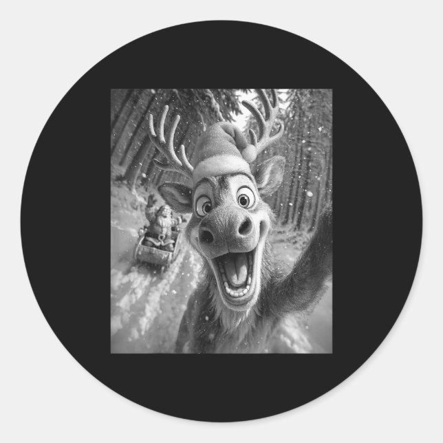 Funny Reindeer Selfie Santa Merry Christmas Men Wo Runder Aufkleber (Vorderseite)