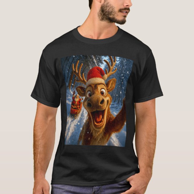 Funny Reindeer Selfie Santa Merry Christmas Men Wo T-Shirt (Vorderseite)