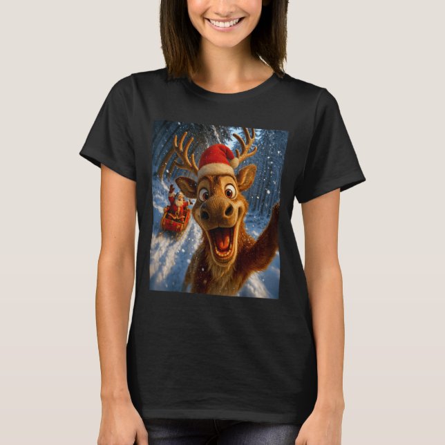 Funny Reindeer Selfie Santa Merry Christmas Men Wo T-Shirt (Vorderseite)