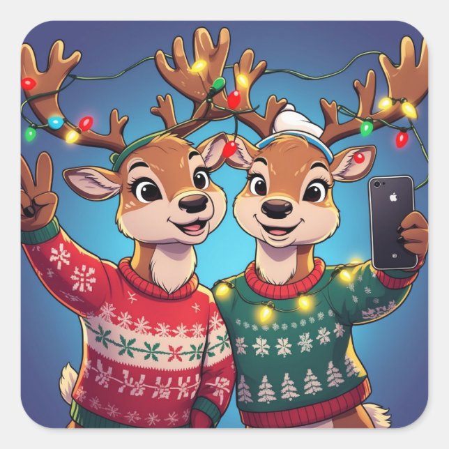 Funny Reindeer Selfie with Christmas Sweaters and  Quadratischer Aufkleber (Vorderseite)