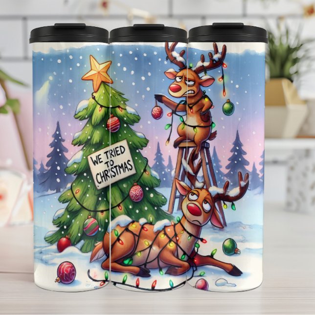 Funny Reindeer versucht zu Weihnachten Thermosbecher (Von Creator hochgeladen)