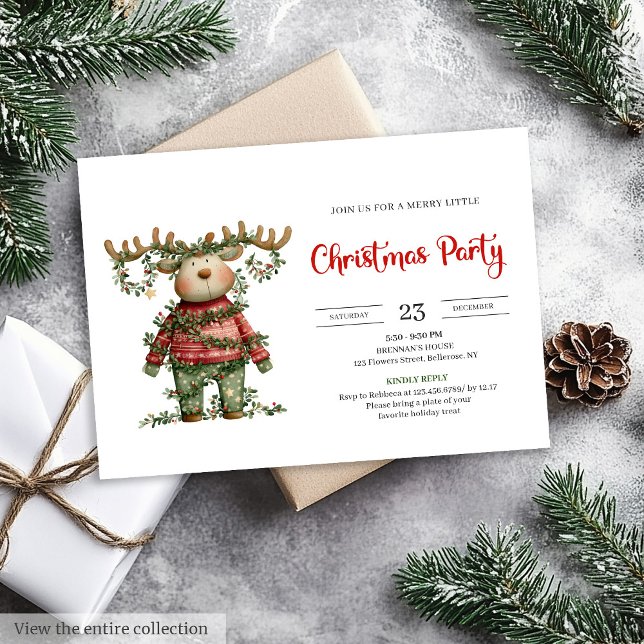 Funny Reindeer watercolor red green holiday invite Einladung (Funny Reindeer watercolor red green holiday invite)