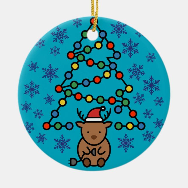 Funny Reindeer with Plug and Christmas Light Tree Keramik Ornament (Vorne)
