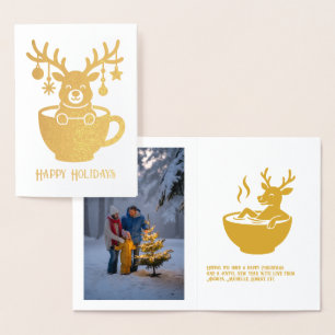 Funny Reindei im Cup Weihnachtsfeiertag Gold Folienkarte