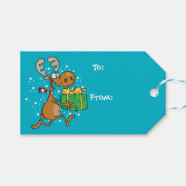 Funny Rentier läuft mit einem Geschenk Geschenkanhänger