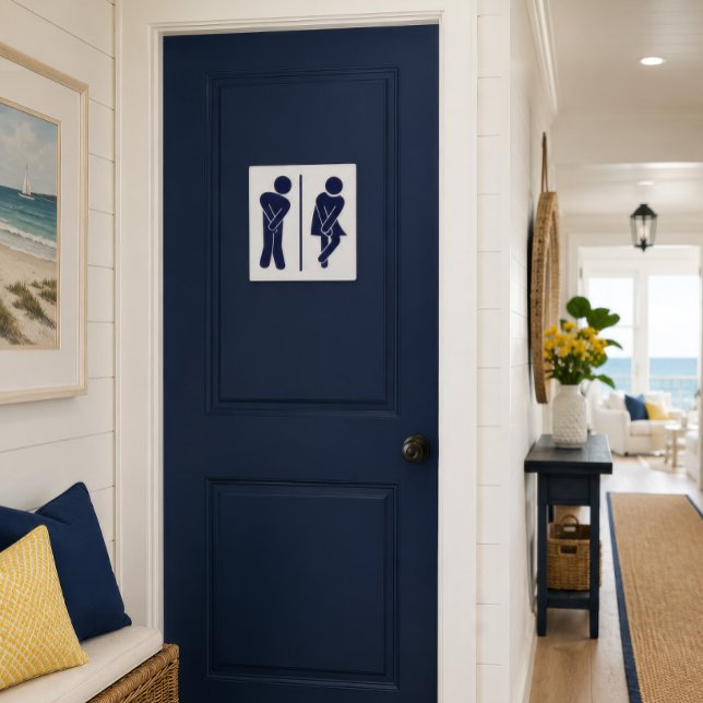 Funny Restroom Sign Poster (Funny navy restroom sign displayed on a coastal bathroom door with bright seaside decor.)