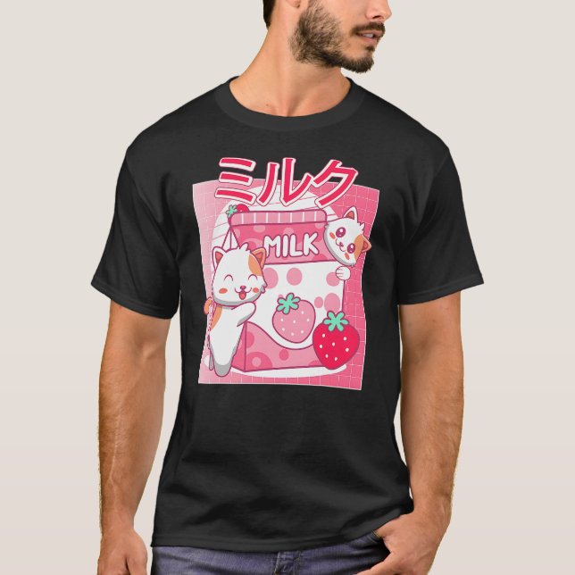 Funny Retro 90s Kawaii Cat Strawberry Milk Japanes T-Shirt (Vorderseite)