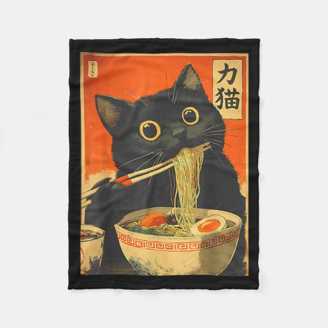 Funny Retro Anime Cat Ramen Japanese Cat Graphic A Fleecedecke (Vorderseite)