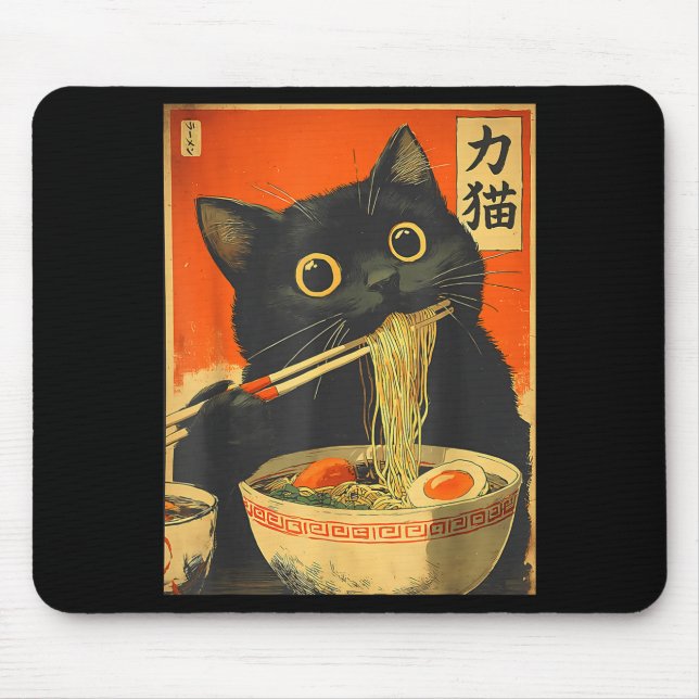 Funny Retro Anime Cat Ramen Japanese Cat Graphic A Mousepad (Vorne)