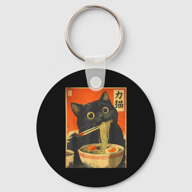 Funny Retro Anime Cat Ramen Japanese Cat Graphic A Schlüsselanhänger (Vorderseite)