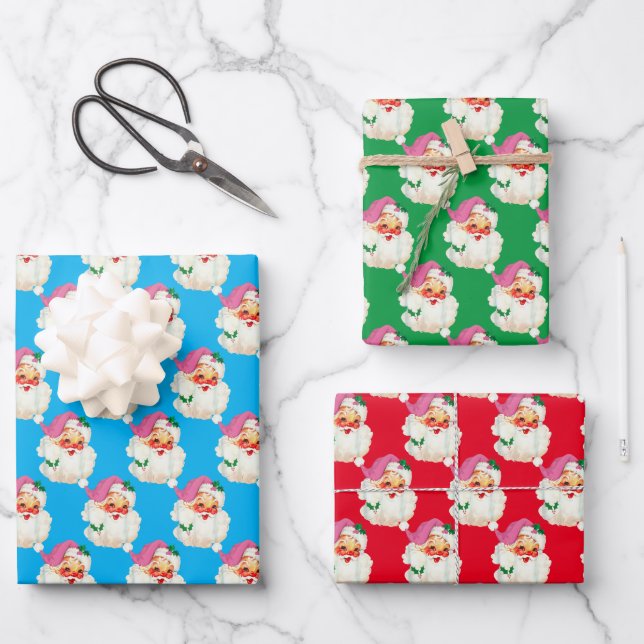 Funny Retro Blue Red Santa Claus Weihnachten Weihn Geschenkpapier Set (Vorderseite)