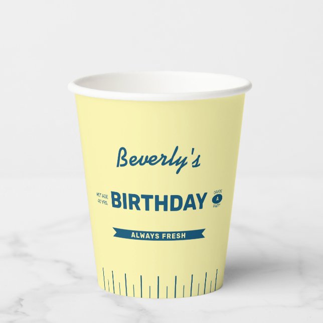 Funny Retro Butter Stick Blue Birthday Paper Cups Pappbecher (Vorderseite)