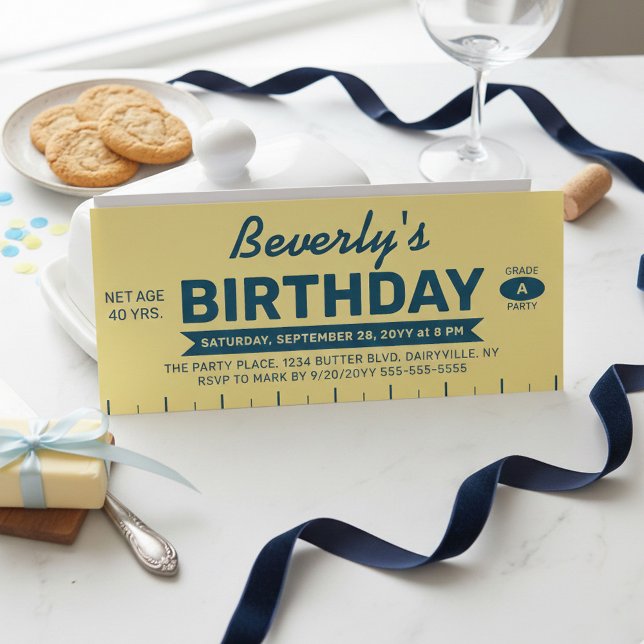 Funny Retro Butter Stick Personalized Birthday  Einladung (Butterlicious Birthday invite! Yellow Stick of Butter Customized with all your event details)