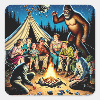 Funny Retro Campfire Geschichte | Bigfoot Quadratischer Aufkleber