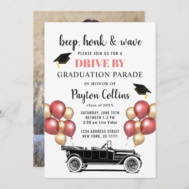 Funny Retro Car DRIVE BY FOTO Graduation Party Einladung (Vorne/Hinten)