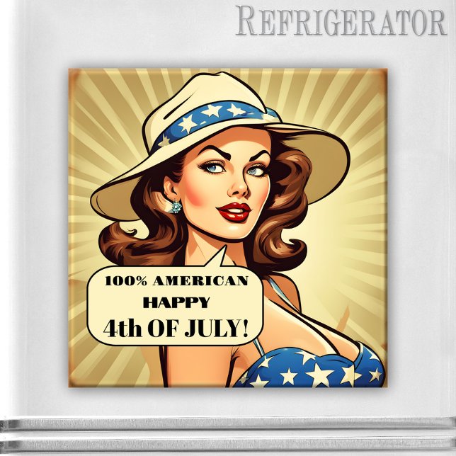 Funny Retro Cartoon Button-up 4. Juli Magnet (4th of July magnet featuring a funny retro cartoon illustration of a pin-up girl with cowboy hat)