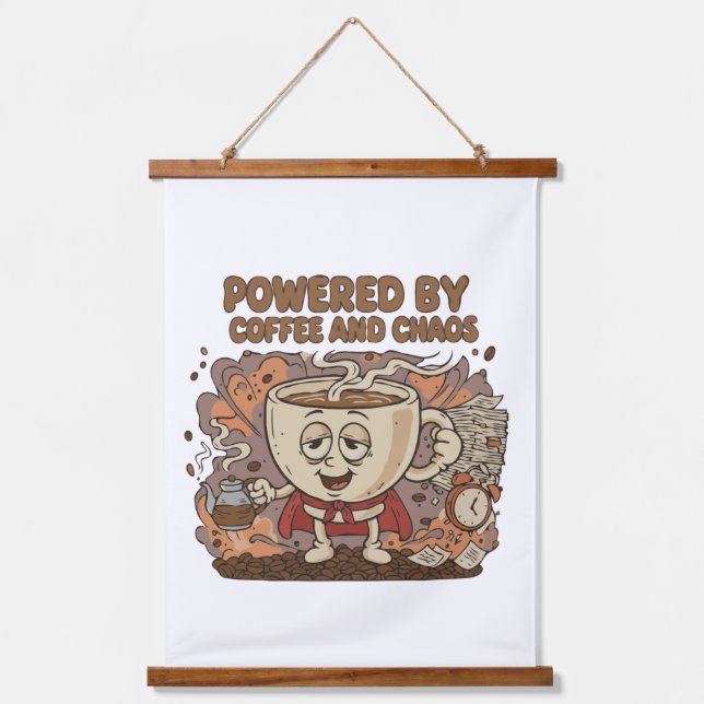 Funny Retro Coffee Superhero | Powered by Coffee  Wandteppich Mit Holzrahmen (Vorderseite)
