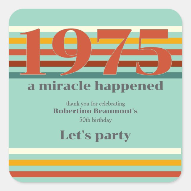 Funny Retro Colors 50th Birthday Party Quadratischer Aufkleber (Vorderseite)