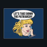 Funny Retro Feminist Pop Art Anti Patriarchat Postkarte<br><div class="desc">Lasst uns das Patriarchiegeschenk abnehmen. Niedliche Retro-Pop Kunst Feminismus Design für eine starke Pro-Wahl Frauen wählen für die weibliche Führung in unserem Land. Setzen Sie sich mit diesem coolen politischen Humor-Cartoon für Frauenrechte und Frauenförderung ein, der von einer hübschen blonden Führungspersönlichkeit begleitet wird, die einen FrauenMärz auf einem Vintagen Telefon...</div>