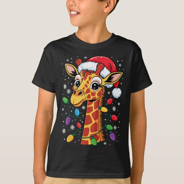 Funny Retro Giraffe Lover Santa Hat Christmas Ligh T-Shirt (Vorderseite)