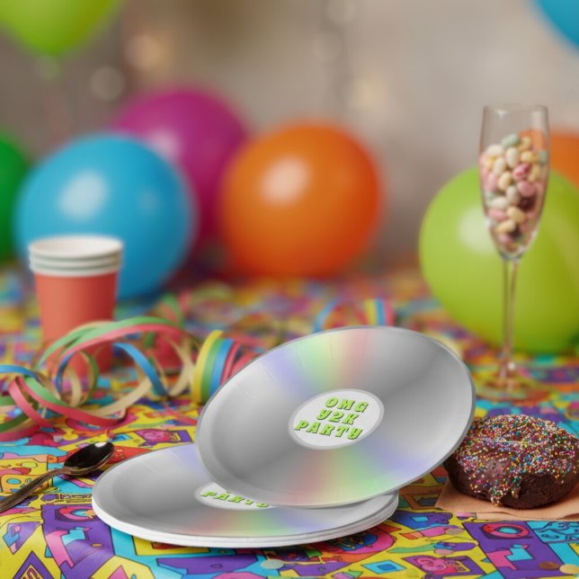 Funny Retro Music CD Disk Y2K Party Paper Teller (Fun music cd inspired paper plate for your retro 2000s party. Add your text!)