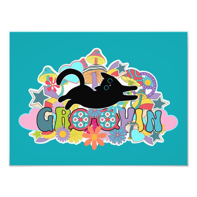 Funny Retro Pilze Groovin Blume Schwarze Katze Fotodruck (Vorne)