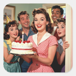 Funny Retro Pop Art Birthday Party Surprise Quadratischer Aufkleber