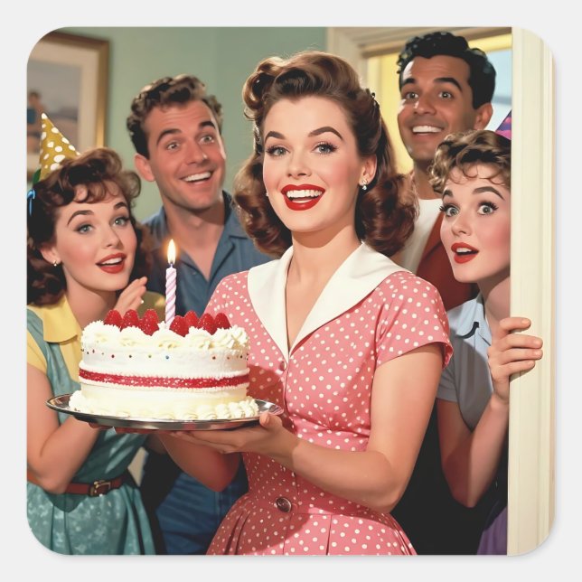Funny Retro Pop Art Birthday Party Surprise Quadratischer Aufkleber (Vorderseite)