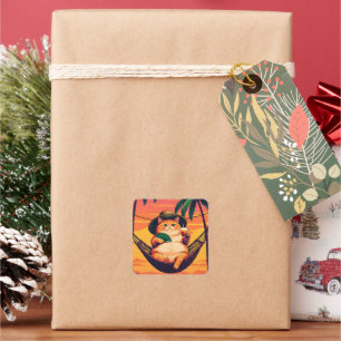 Funny Retro Sommerkatzenurlaub Quadratischer Aufkleber