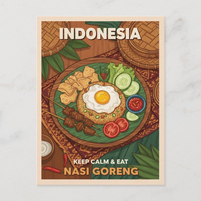 Funny Retro Travel Indonesia Nasi Goreng Food Postkarte (Vorderseite)