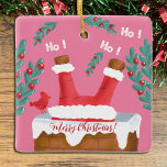 Funny Reversible Pink Santa Ornament<br><div class="desc">Ein niedlicher und lustiger rosa Weihnachtsmann, der auf der einen Seite ihm zeigt, wie er den Schornstein hinunter geht, unter dem wachsamen Auge eines Kardinals seine Füße in der Luft, auf der anderen Seite ist er mit einer Glocke in der einen und 3 Geschenke in der anderen stehend. Personalisieren Sie...</div>