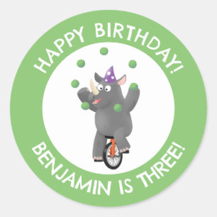 Funny Rhino auf Einrad personalisierten Geburtstag Runder Aufkleber
