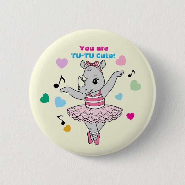 Funny Rhino Ballerina "Tu-Tu Cute" Girls Valentine Button (Vorderseite)
