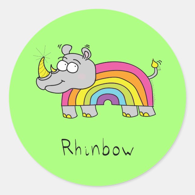 Funny Rhino Rainbow Niedlich Kids Cartoon Runder Aufkleber (Vorderseite)
