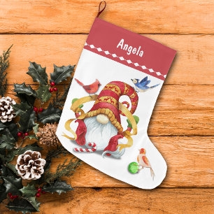 Funny Ribbon Gnome mit Vögeln Personalisiert Großer Weihnachtsstrumpf