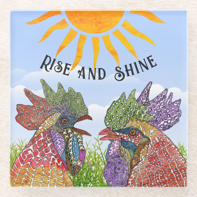 Funny Rise und Shine Chickens Glasuntersetzer (Vorderseite)
