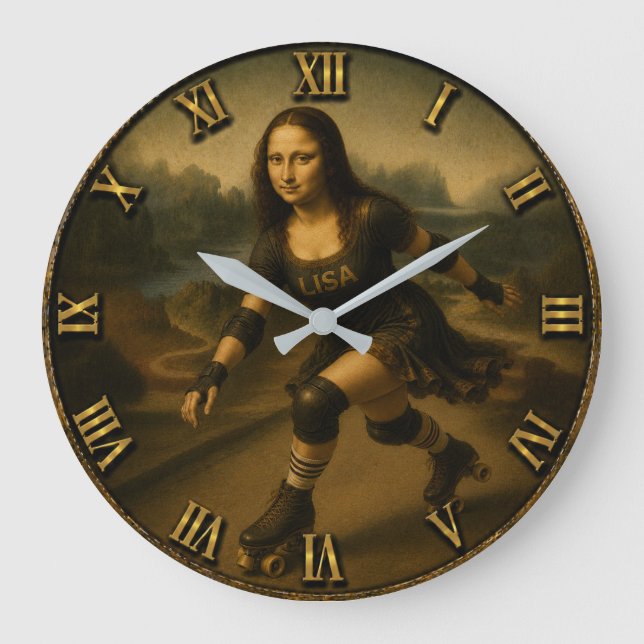 Funny Roller Skating Mona Lisa Skater Gift Große Wanduhr (Vorderseite)