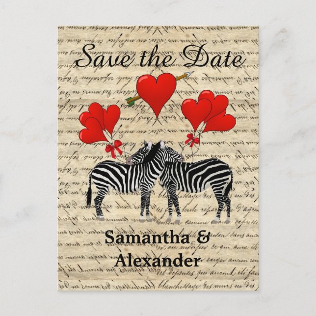Funny romantic Zebra Save the Date Ankündigungspostkarte (Vorderseite)