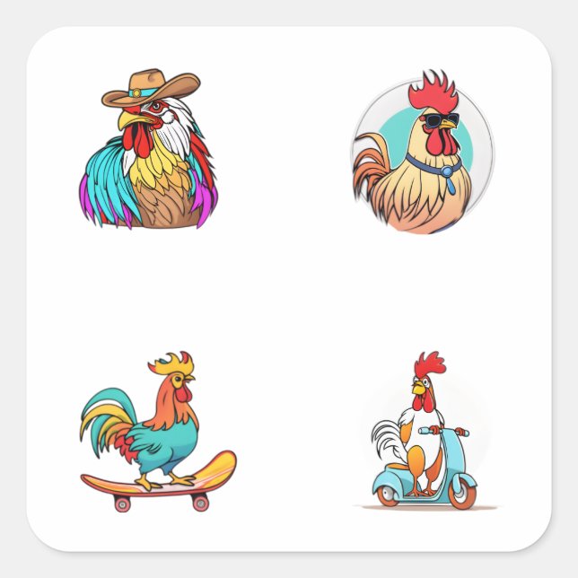 Funny Rooster Cartoon Character 4 Pack Stickers (Vorderseite)